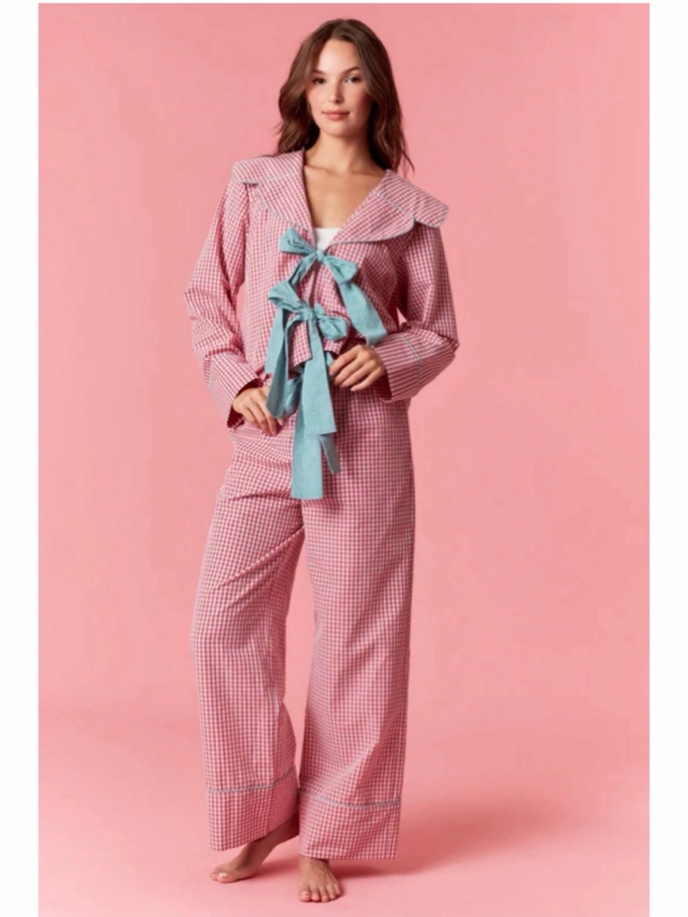 Peach Love California Pink Gingham Wide-Leg Pajama Set with Blue Contrast Ties